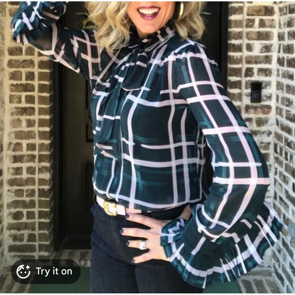 Cabi‎ Plaid Ruffle Cuff Blouse Sheer Chiffon Luxe Chic Preppy Dark Academia Sz S